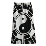 Black And White Chinese Zodiac Print Cotton Front Slit Maxi Skirt