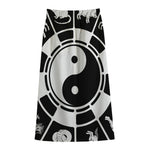 Black And White Chinese Zodiac Print Cotton Front Slit Maxi Skirt