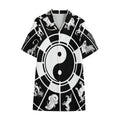 Black And White Chinese Zodiac Print Cotton Hawaiian Shirt