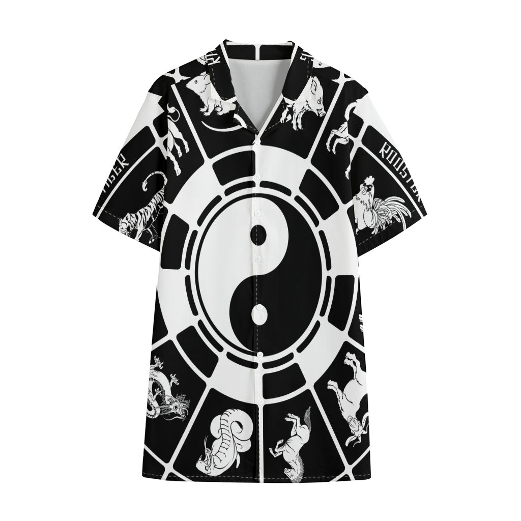 Black And White Chinese Zodiac Print Cotton Hawaiian Shirt