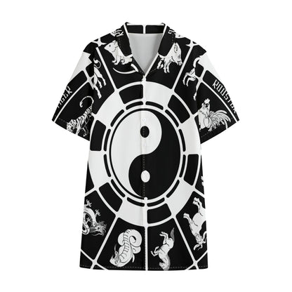 Black And White Chinese Zodiac Print Cotton Hawaiian Shirt