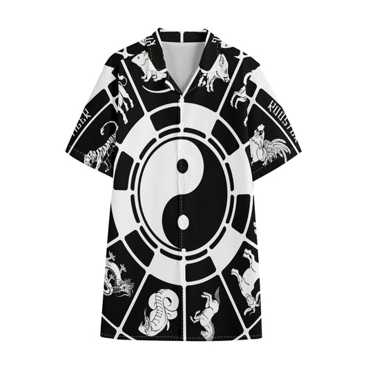Black And White Chinese Zodiac Print Cotton Hawaiian Shirt