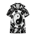 Black And White Chinese Zodiac Print Cotton Hawaiian Shirt