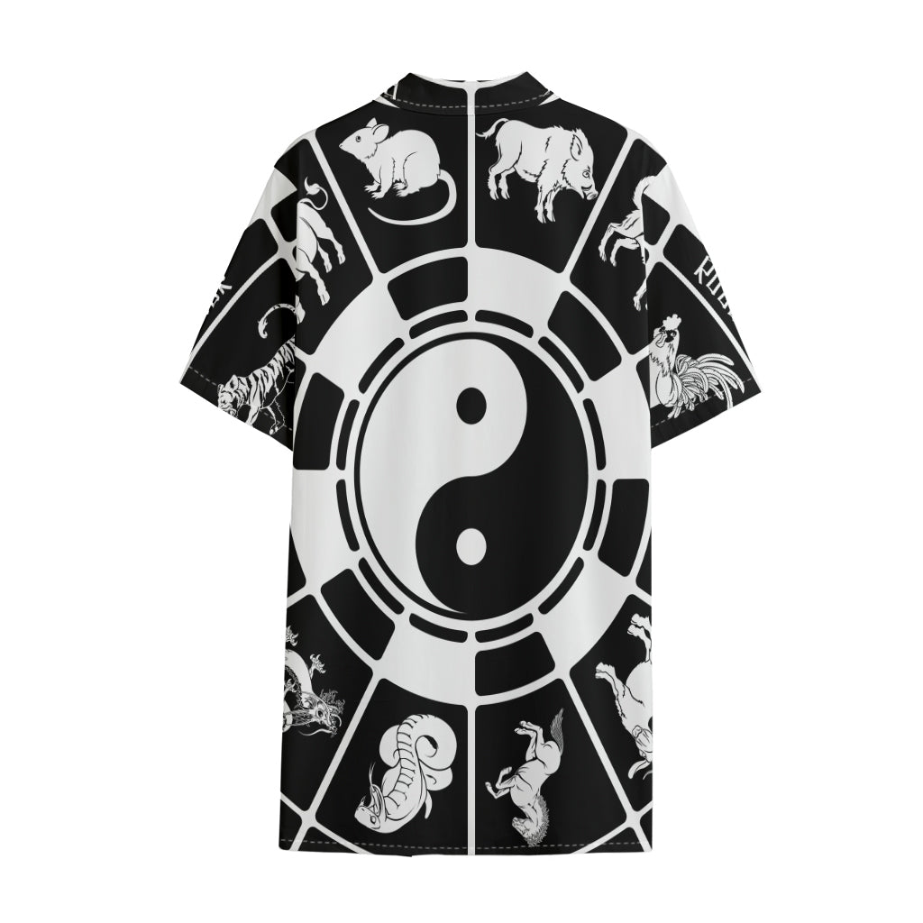 Black And White Chinese Zodiac Print Cotton Hawaiian Shirt