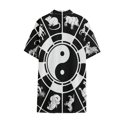 Black And White Chinese Zodiac Print Cotton Hawaiian Shirt