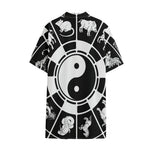 Black And White Chinese Zodiac Print Cotton Hawaiian Shirt