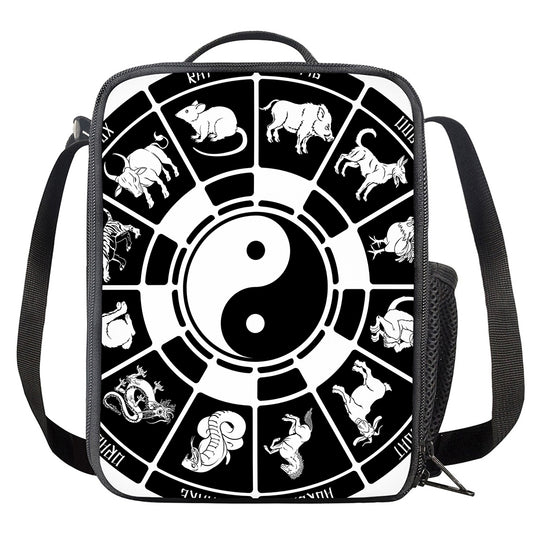 Black And White Chinese Zodiac Print Crossbody Lunch Bag