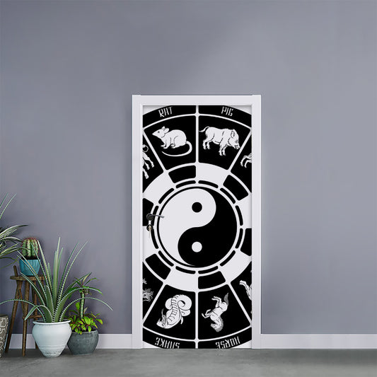 Black And White Chinese Zodiac Print Door Sticker