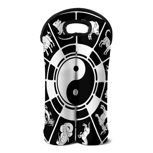 Black And White Chinese Zodiac Print Double Neoprene Wine Tote