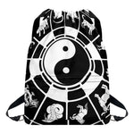 Black And White Chinese Zodiac Print Drawstring Backpack