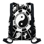 Black And White Chinese Zodiac Print Drawstring Backpack