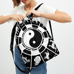 Black And White Chinese Zodiac Print Drawstring Backpack