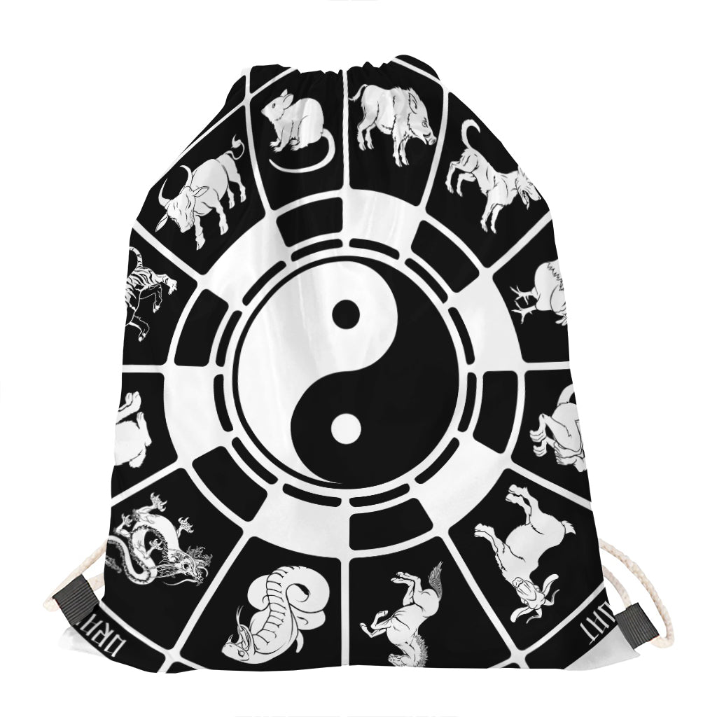 Black And White Chinese Zodiac Print Drawstring Bag