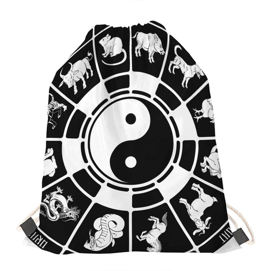 Black And White Chinese Zodiac Print Drawstring Bag