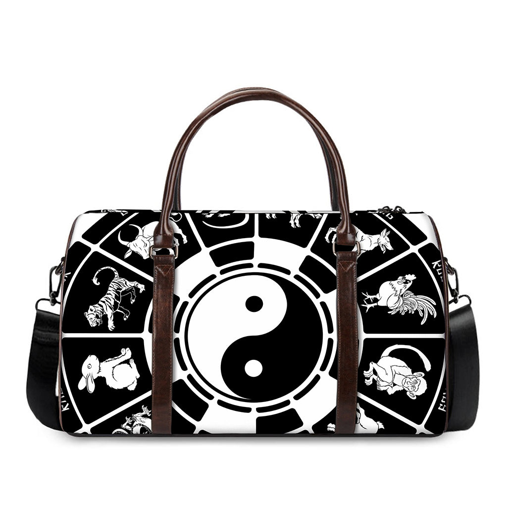 Black And White Chinese Zodiac Print Duffle Bag