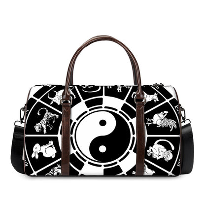 Black And White Chinese Zodiac Print Duffle Bag