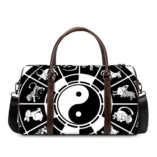 Black And White Chinese Zodiac Print Duffle Bag