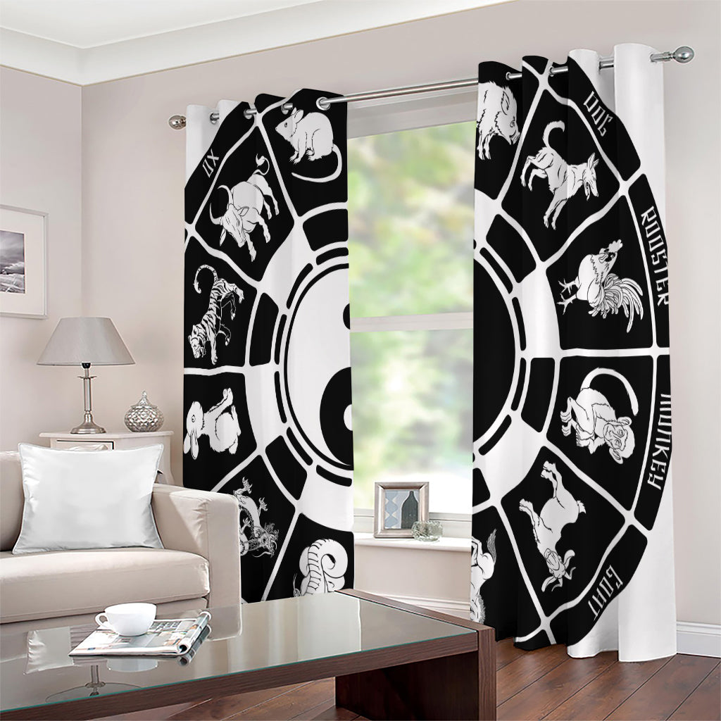 Black And White Chinese Zodiac Print Extra Wide Grommet Curtains