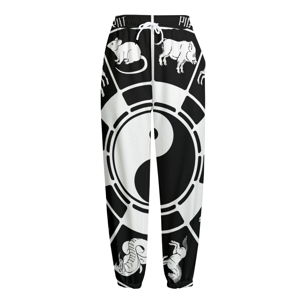 Black And White Chinese Zodiac Print Fleece Lined Knit Pants