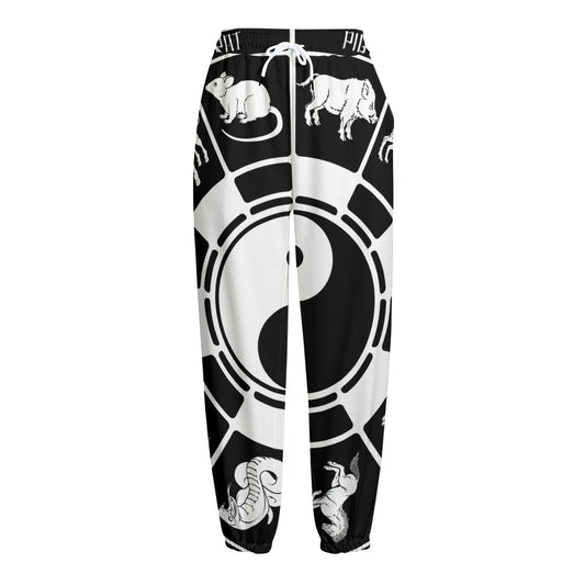 Black And White Chinese Zodiac Print Fleece Lined Knit Pants