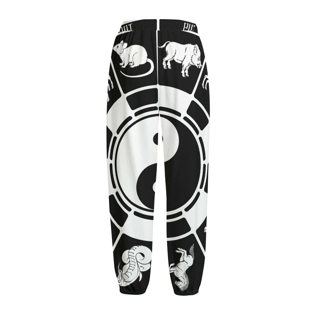 Black And White Chinese Zodiac Print Fleece Lined Knit Pants