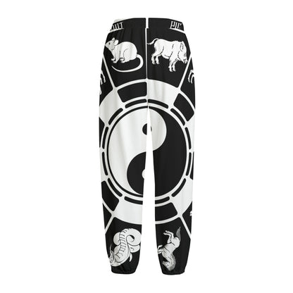 Black And White Chinese Zodiac Print Fleece Lined Knit Pants