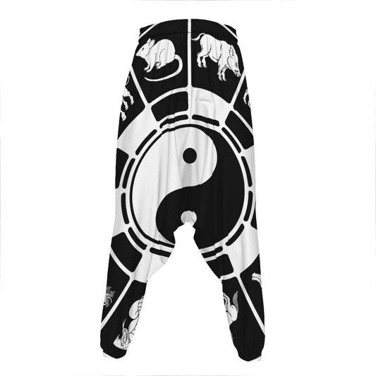 Black And White Chinese Zodiac Print Hammer Pants