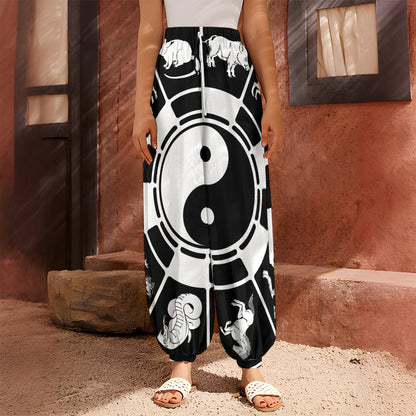 Black And White Chinese Zodiac Print Harem Pants