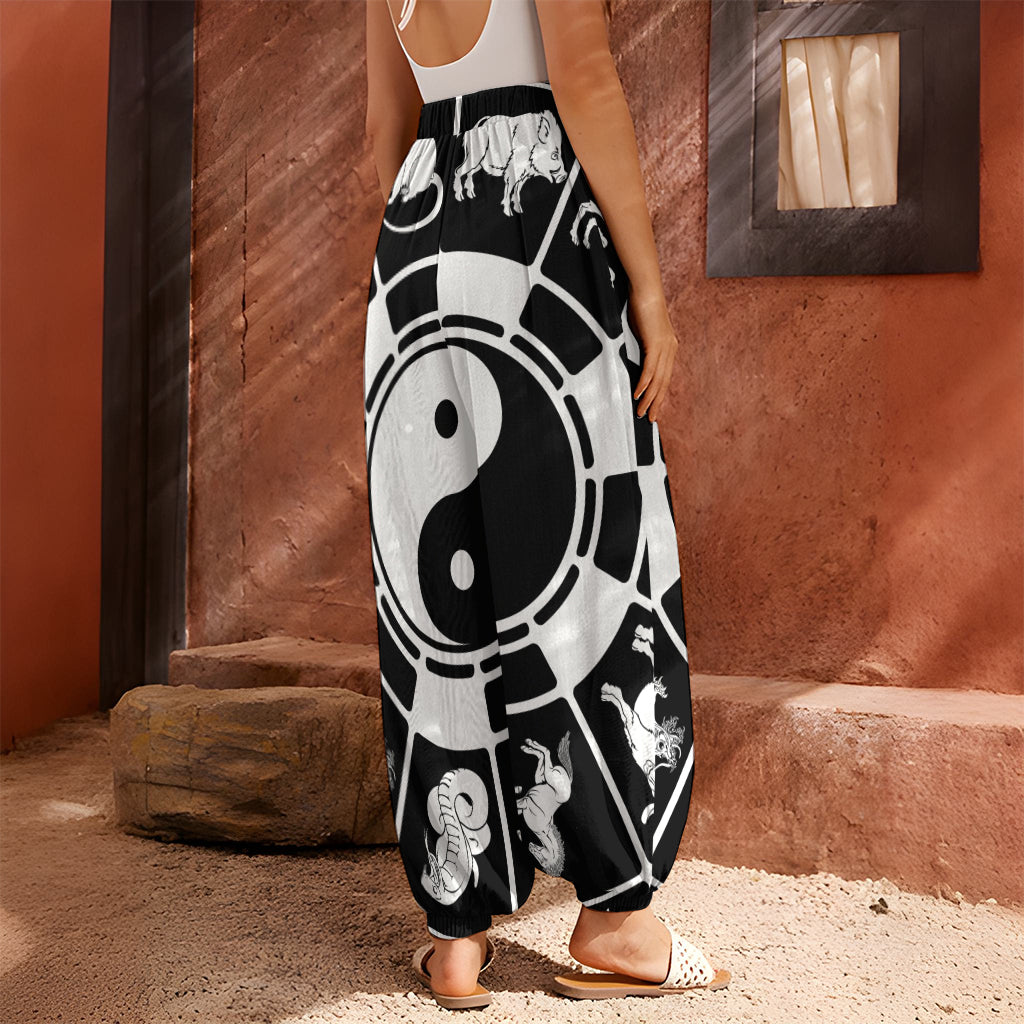 Black And White Chinese Zodiac Print Harem Pants