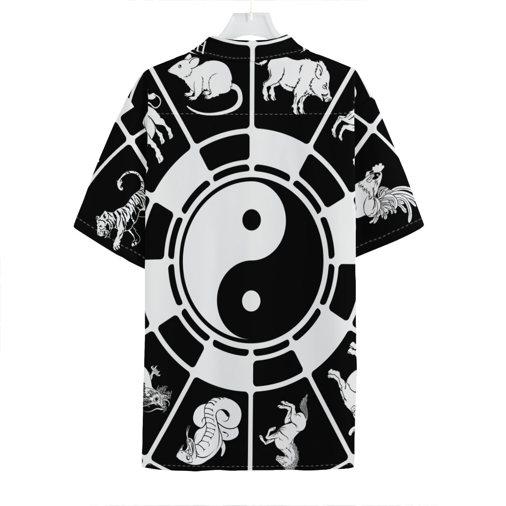 Black And White Chinese Zodiac Print Hawaiian Shirt
