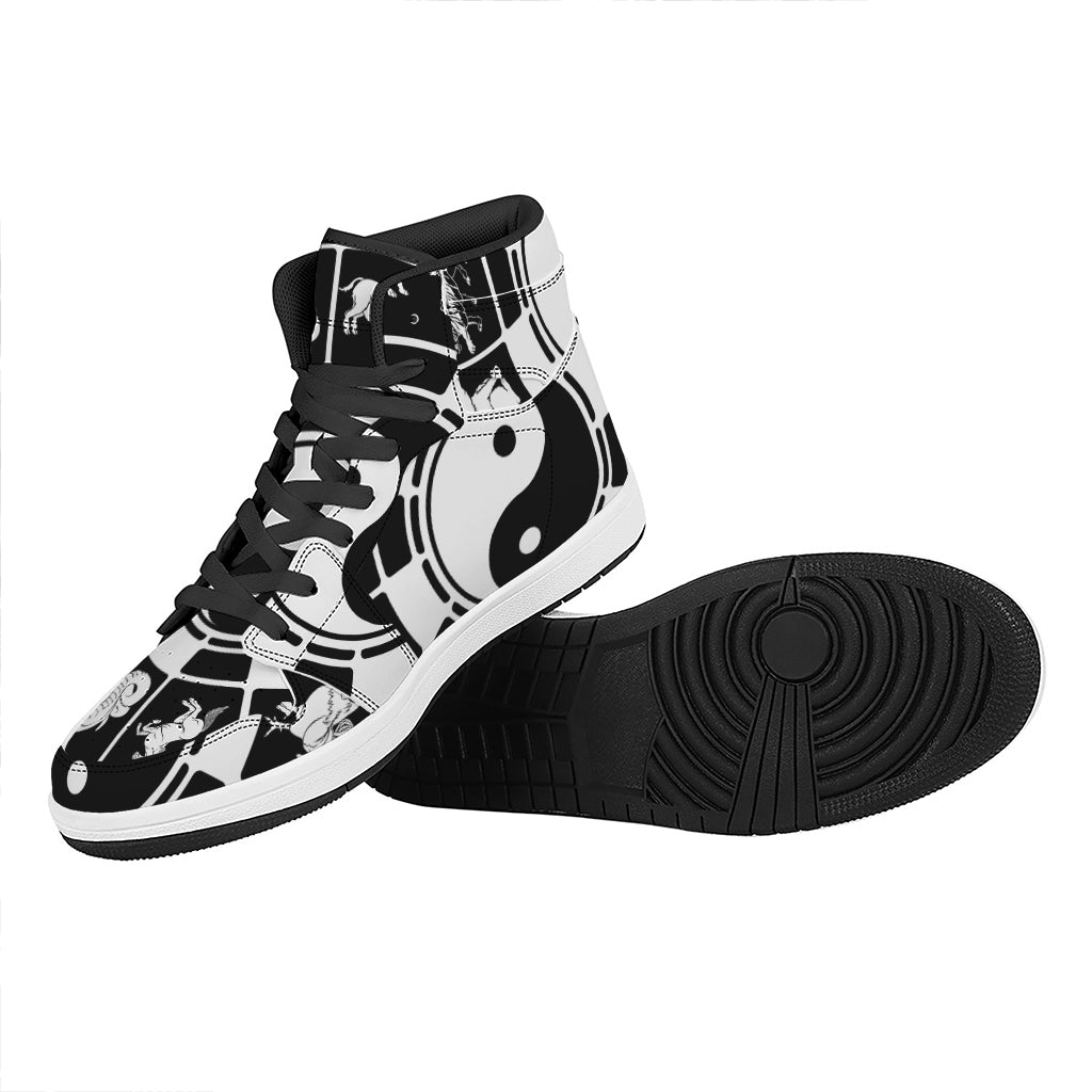 Black And White Chinese Zodiac Print High Top Leather Sneakers