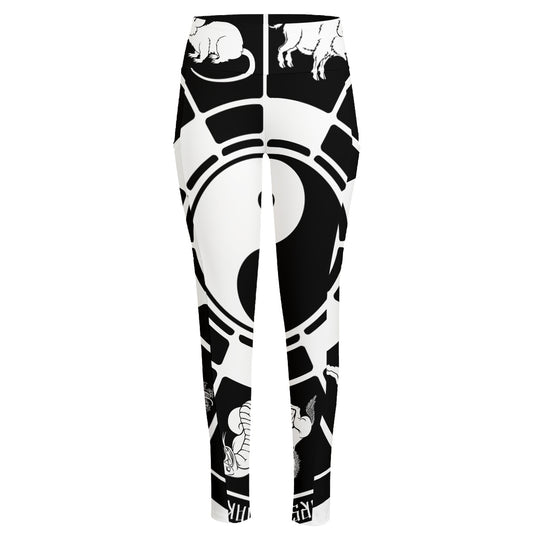 Black And White Chinese Zodiac Print High-Waisted Pocket Leggings