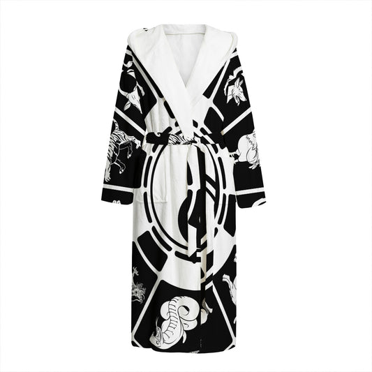 Black And White Chinese Zodiac Print Hooded Bathrobe