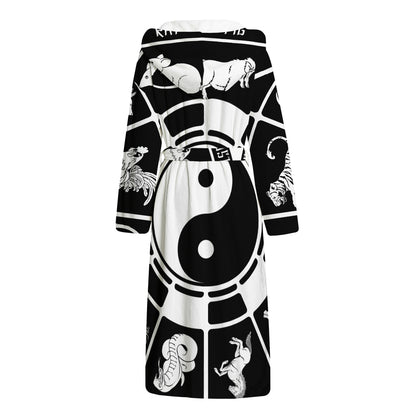 Black And White Chinese Zodiac Print Hooded Bathrobe