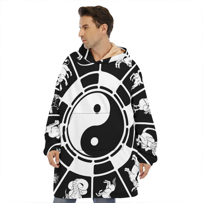 Black And White Chinese Zodiac Print Hoodie Blanket