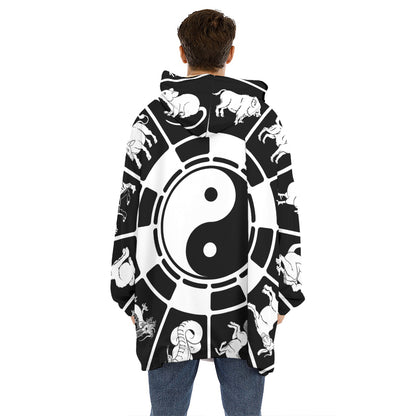 Black And White Chinese Zodiac Print Hoodie Blanket