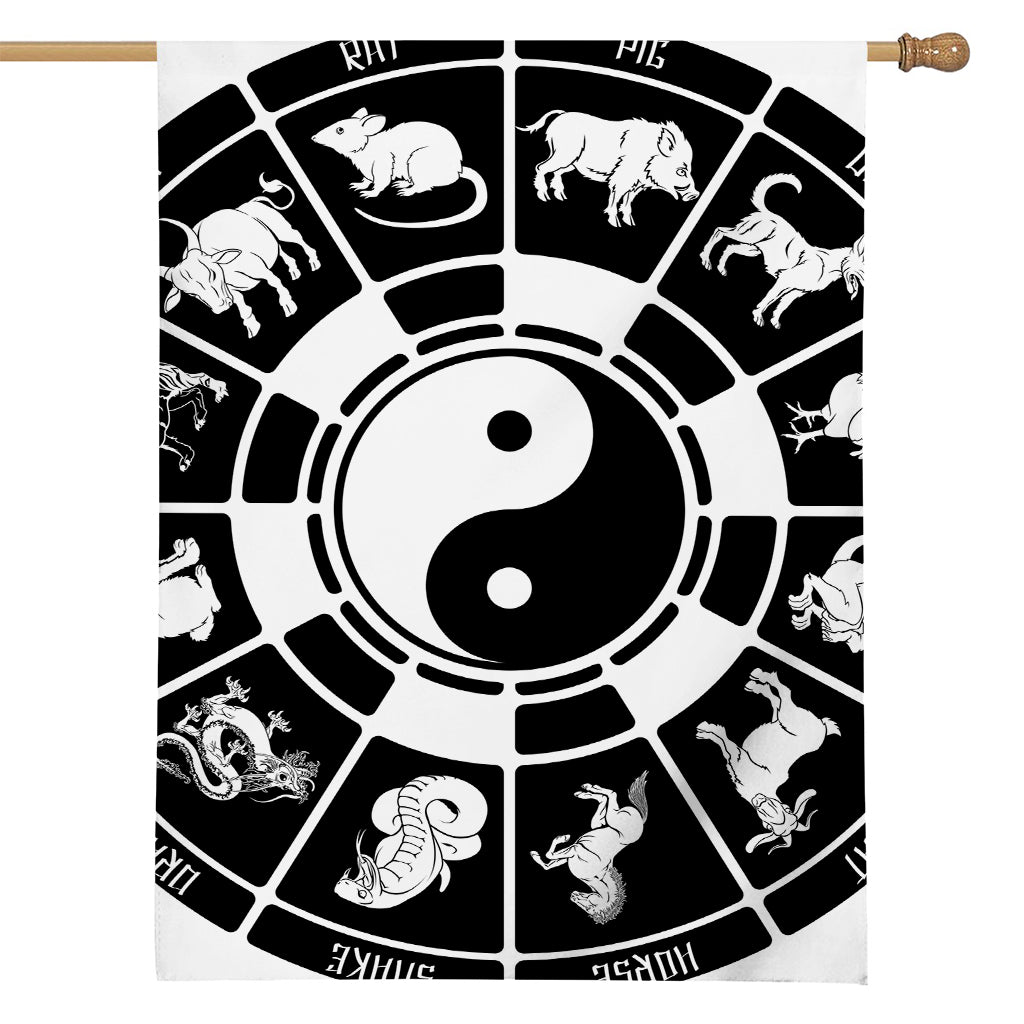 Black And White Chinese Zodiac Print House Flag