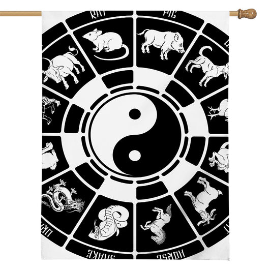 Black And White Chinese Zodiac Print House Flag