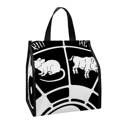 Black And White Chinese Zodiac Print Insulated Lunch Tote