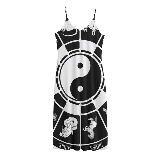 Black And White Chinese Zodiac Print Jersey Midi Cami Dress