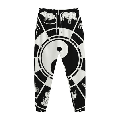 Black And White Chinese Zodiac Print Jogger Pants