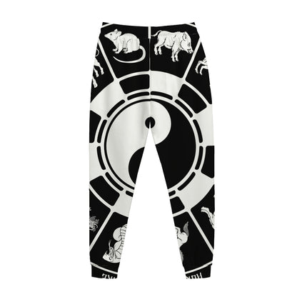 Black And White Chinese Zodiac Print Jogger Pants