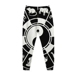 Black And White Chinese Zodiac Print Jogger Pants