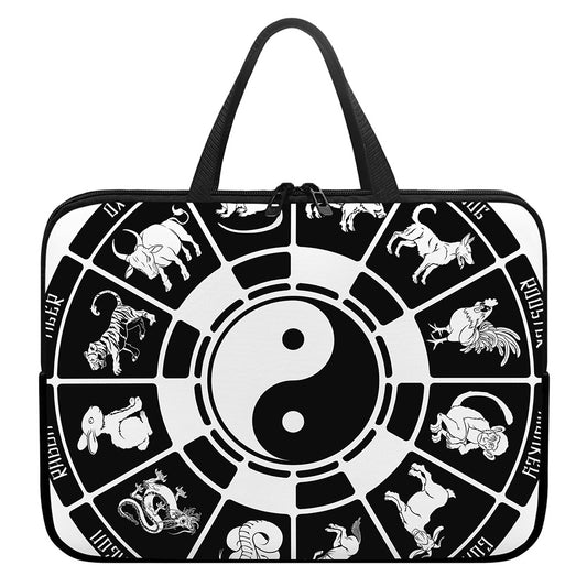 Black And White Chinese Zodiac Print Laptop Sleeve With Handle
