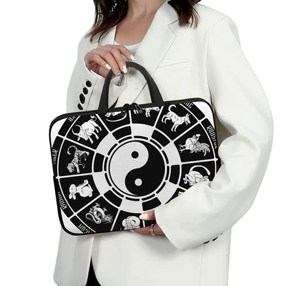 Black And White Chinese Zodiac Print Laptop Sleeve With Handle