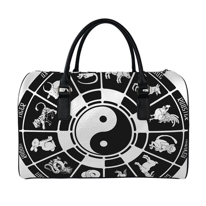 Black And White Chinese Zodiac Print Leather Duffle Bag