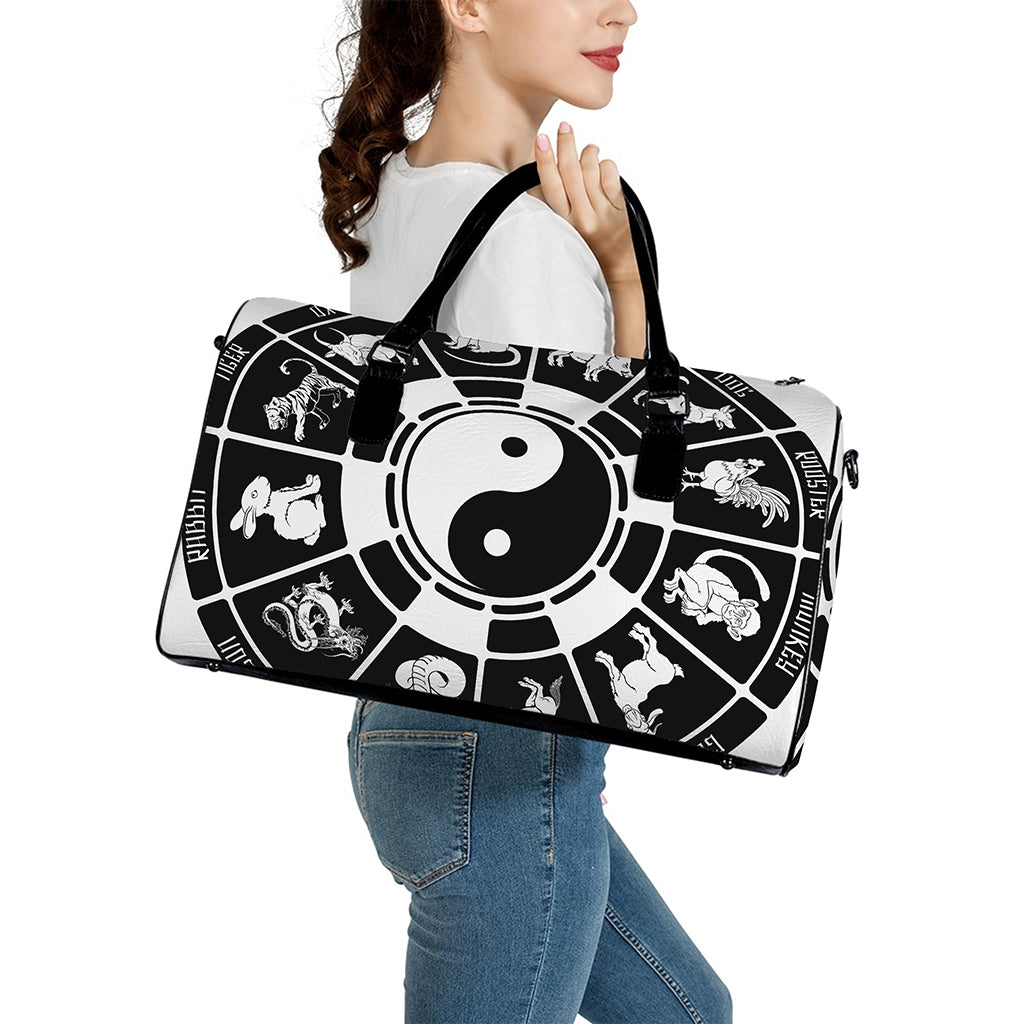 Black And White Chinese Zodiac Print Leather Duffle Bag