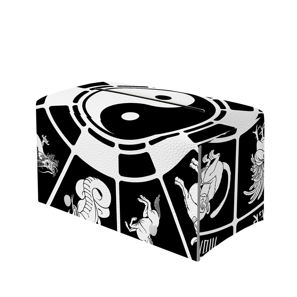 Black And White Chinese Zodiac Print Leather Tissue Box Cover