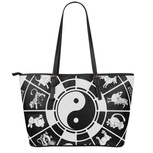 Black And White Chinese Zodiac Print Leather Tote Bag
