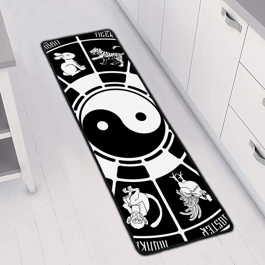 Black And White Chinese Zodiac Print Long Kitchen Mat
